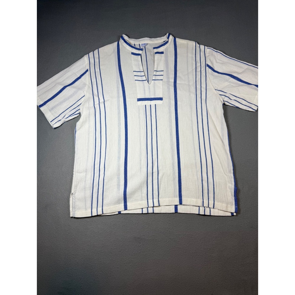 Olympic Grigoro Mens Tunic Shirt S White Blue Striped Gauze‎ V-Neck Short Sleeve